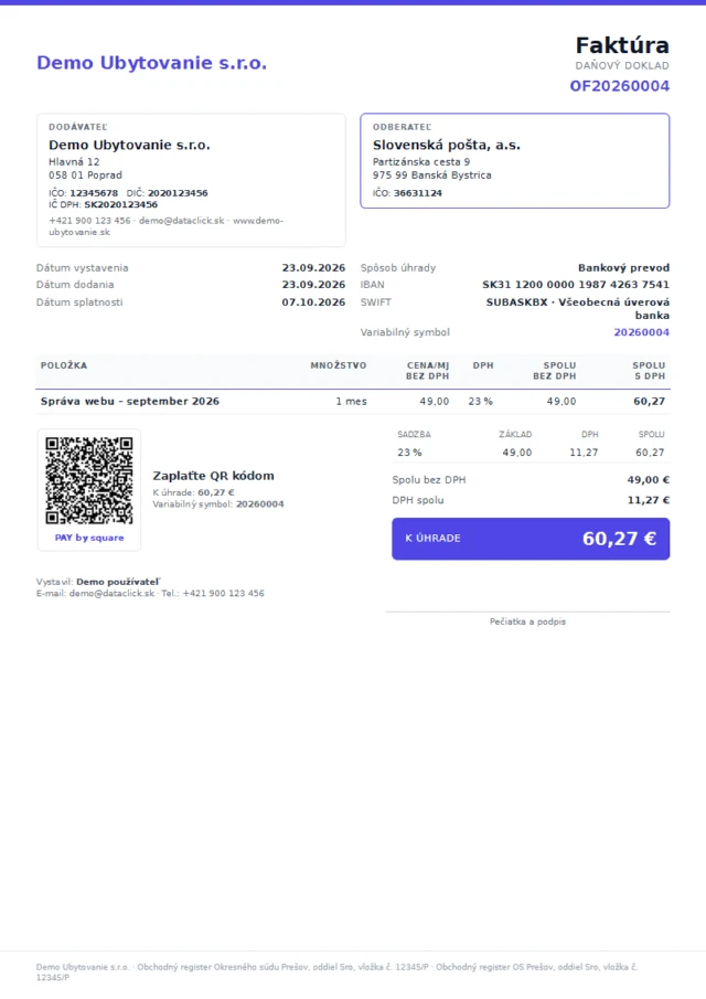 PDF faktúra s PAY by square QR kódom